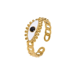 18K gold plated stainless steel evil eye chain ring with black and white enamel detail