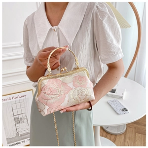 Pink and beige cheongsam evening bag with rose embroidery and gold chain strap