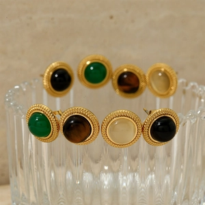 Vintage round gold stainless steel earrings with colorful natural stone inlays on glass edge