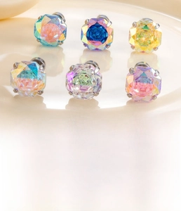 Macro view of 8mm octagon rose cut zircon stud earrings in titanium steel with multi-colors