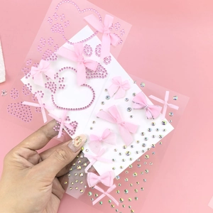 Pink ribbon bow and rhinestone heart 3D nail art stickers for fairy makeup decoration