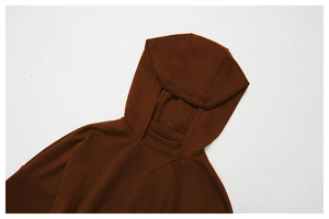 Detail of hooded sweatshirt neckline with triangular stitching and heavy cotton fabric