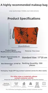 Halloween linen makeup bag details showing size dimensions and orange pumpkin pattern