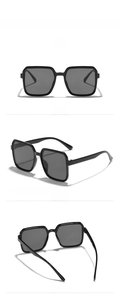 Three-angle view of black oversized square sunglasses with deep grey lenses on white background