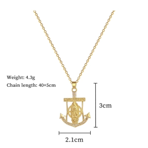 Detailed size map of gold anchor pendant necklace with Virgin Mary relief and full crystals