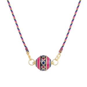 Close-up of pink, blue, and gold beaded tarot pendant necklace with woven cord