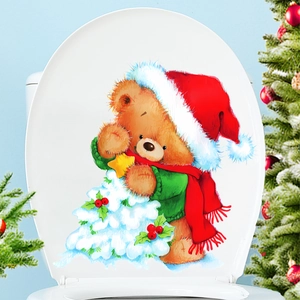 Christmas Bear Toilet Lid Sticker PVC Self-Adhesive Bathroom Decal Waterproof Holiday Decor Cartoon