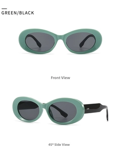 Detail view of oval retro sunglasses with green matte frames and black temples