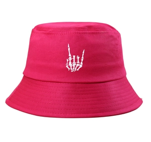 Close-up of rock hand bone embroidery on high-quality rose red cotton bucket hat