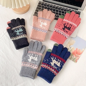 Winter Gebreide Handschoenen Dames Touchscreen Rendier Patroon Verdikte Pluche Voering Thermisch Warm Buiten