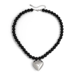 Men's hip-hop black beaded necklace with a silver heart pendant on white background