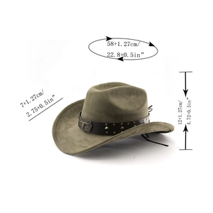 Detailansicht olivgrüner Cowboyhut aus Wollfilz mit Stierkopf-Schnalle und Maßen