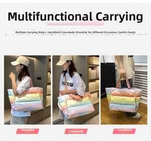 Detail showing three ways to carry the gradient puffer tote bag: shoulder, crossbody, and handbag