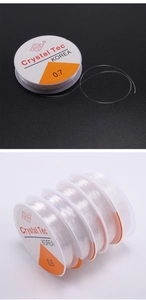 Macro shot of 0.6mm and 0.7mm clear elastic beading threads for DIY jewelry making
