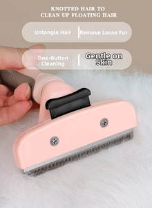 Pink pet grooming brush with self-cleaning button for deshedding and detangling fur