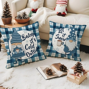 Blue plaid Christmas pillow cover with gnome patterns and festive holiday phrases
