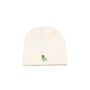 Minimalist white knit beanie with green frog embroidery on the cuff for women