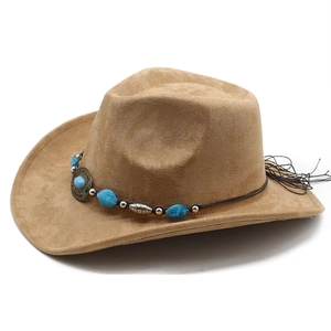 Close-up of bohemian style hat band with turquoise beads and silver metal accents