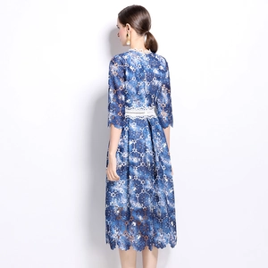 Elegant blue floral lace midi dress with waist-slimming white openwork lace trim back view