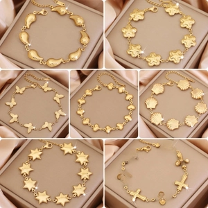 Stainless Steel Gold Plated Heart Flower Butterfly Star Cross Shell Bracelet For Women Adjustable Fashion Jewelry