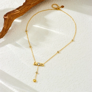 Collier Y doré avec pendentif MOM cœur, petits diamants et chaîne en acier inoxydable