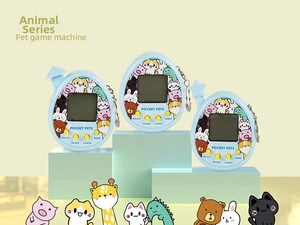 Macro view of light blue egg-shaped pet game machines on a mint green display stand