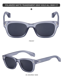 Front and 45-degree views of square polarized sunglasses in matte translucent grey