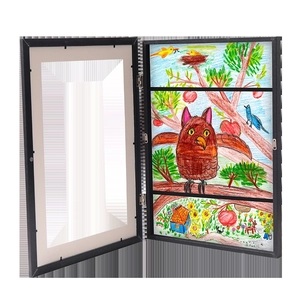 Front-opening black wooden kids art frame with hinges for easy artwork storage