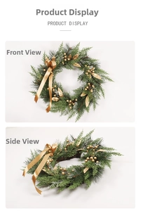 Front and side views of a Christmas wreath with gold berries and pine needles