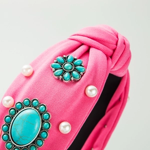 Bohemian hot pink knotted headband with turquoise and pearl accents for women