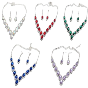 Elegant crystal bridal necklace and earring sets in five colors with marquise cut stones