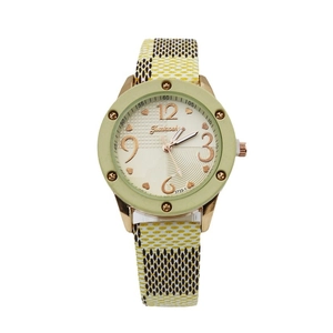 Vintage women's quartz watch with yellow plaid leather strap and gold round dial