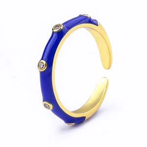 Blue enamel 18K gold plated open ring with sparkling cubic zirconia crystals