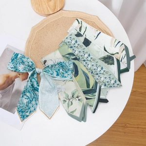 Long Narrow Skinny Satin Scarf Polyester Printed Floral Geometric Headband Neck Tie Fashion Bag Ribbon Accessory