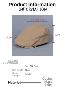 Detailed size chart for vintage cotton flat cap showing head circumference and brim dimensions
