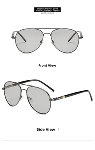 Detail of gunmetal aviator sunglasses featuring photochromic lenses from front and side views