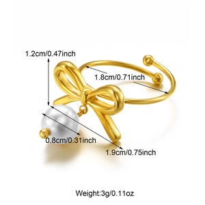 Detailed size specifications for bowknot ring with pearl pendant in gold finish