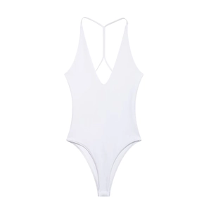 Minimalist white one-piece bodysuit with deep V-neck and thin racerback straps