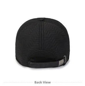 Detailed back view of black quilted baseball cap with wave pattern and metal buckle