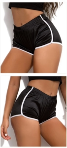 Detail view of glossy black yoga shorts featuring high-stretch fabric and white contrast piping