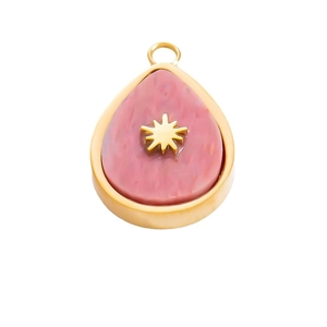Bohemian gold star necklace pendant with pink natural stone drop and sun motif