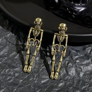 Gothic punk skeleton earrings in vintage gold finish for Halloween costume style