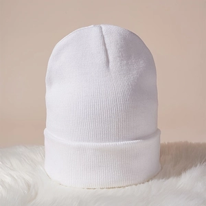 Minimalist white knit beanie for men and women with warm ribbed cuff for winter style