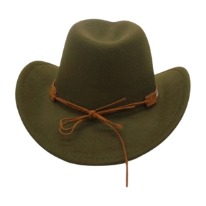 Detail of an olive green wool felt western cowboy hat with a brown leather ribbon bow