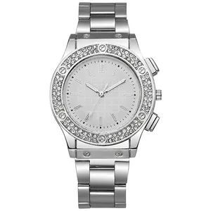Fashionable silver quartz watch with diamond-encrusted bezel and stainless steel mesh dial