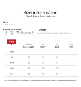 Size chart for high-impact yoga vest with measurements for length, waist, and bust sizes