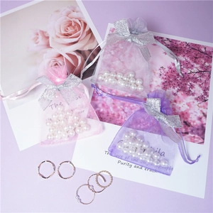 Elegant organza drawstring jewelry pouches with sequins bow and pearls in three colors