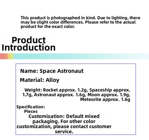 Detailed specs for alloy astronaut charms including weight of rocket and moon pendants