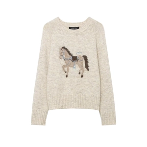 Women Round Neck Long Sleeve Knitted Sweater Vintage Horse Pattern Embroidery Casual Warm Pullover Top Oatmeal
