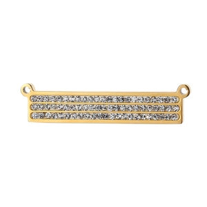 Detailed view of gold rectangle connector with three rows of sparkling crystal rhinestones